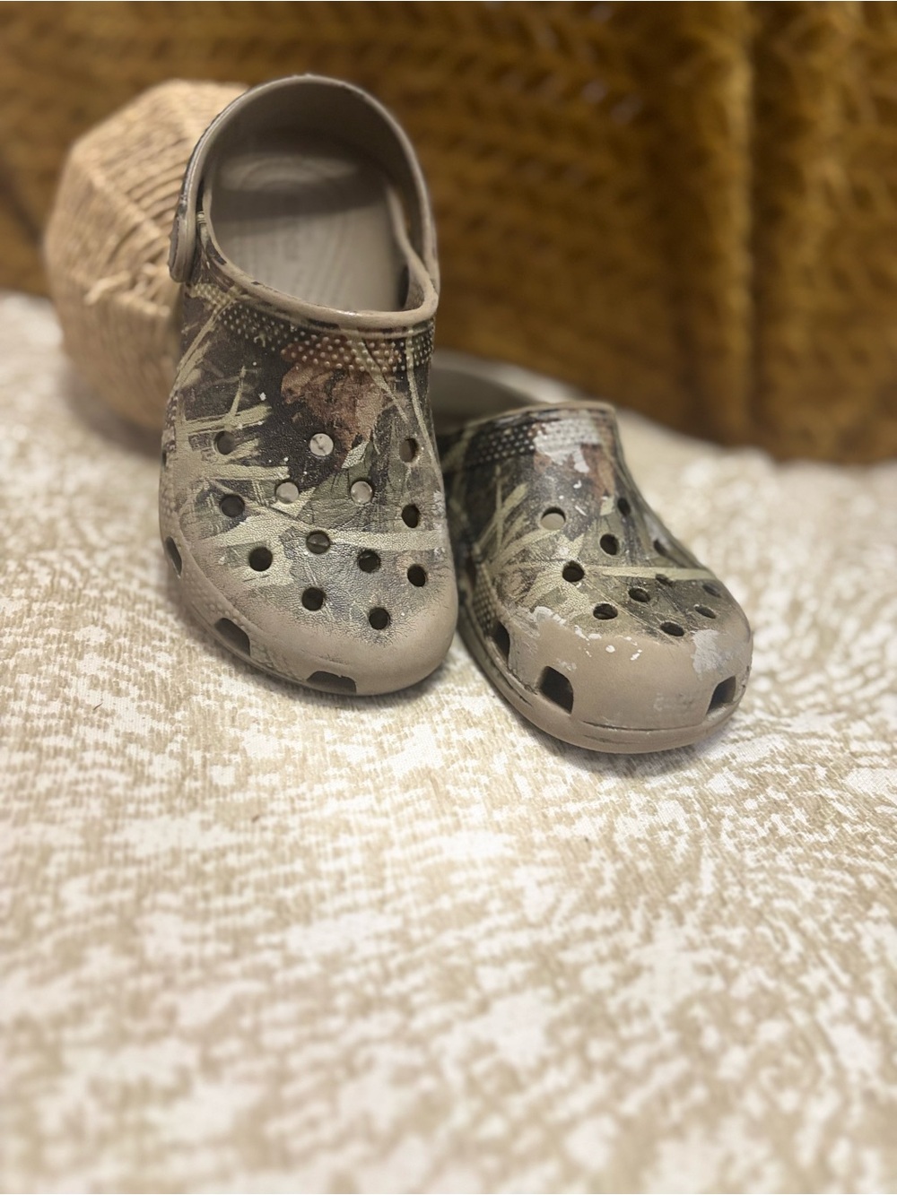 CROCS Kids Camo Slip-On Clogs in Tan and Green